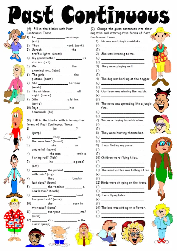 Exercises On Past Continuous Tense - Positive, Negative Interrogative Forms