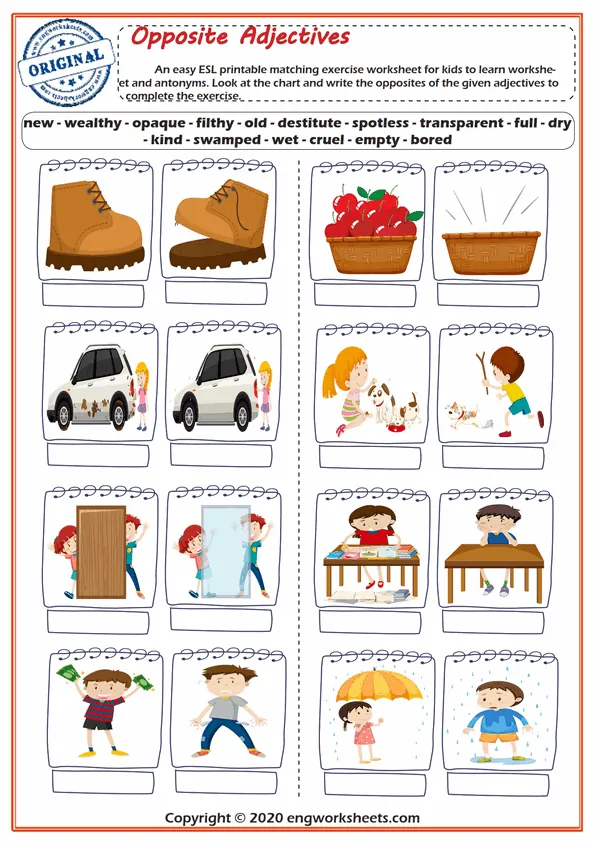 Opposite Adjectives Esl Matching Exercise Worksheet For Kids Worksheet Preview