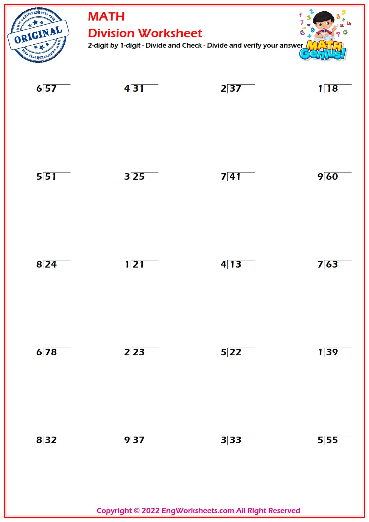 2-digit by 1-digit - Divide and Check - Divide and verify your answer