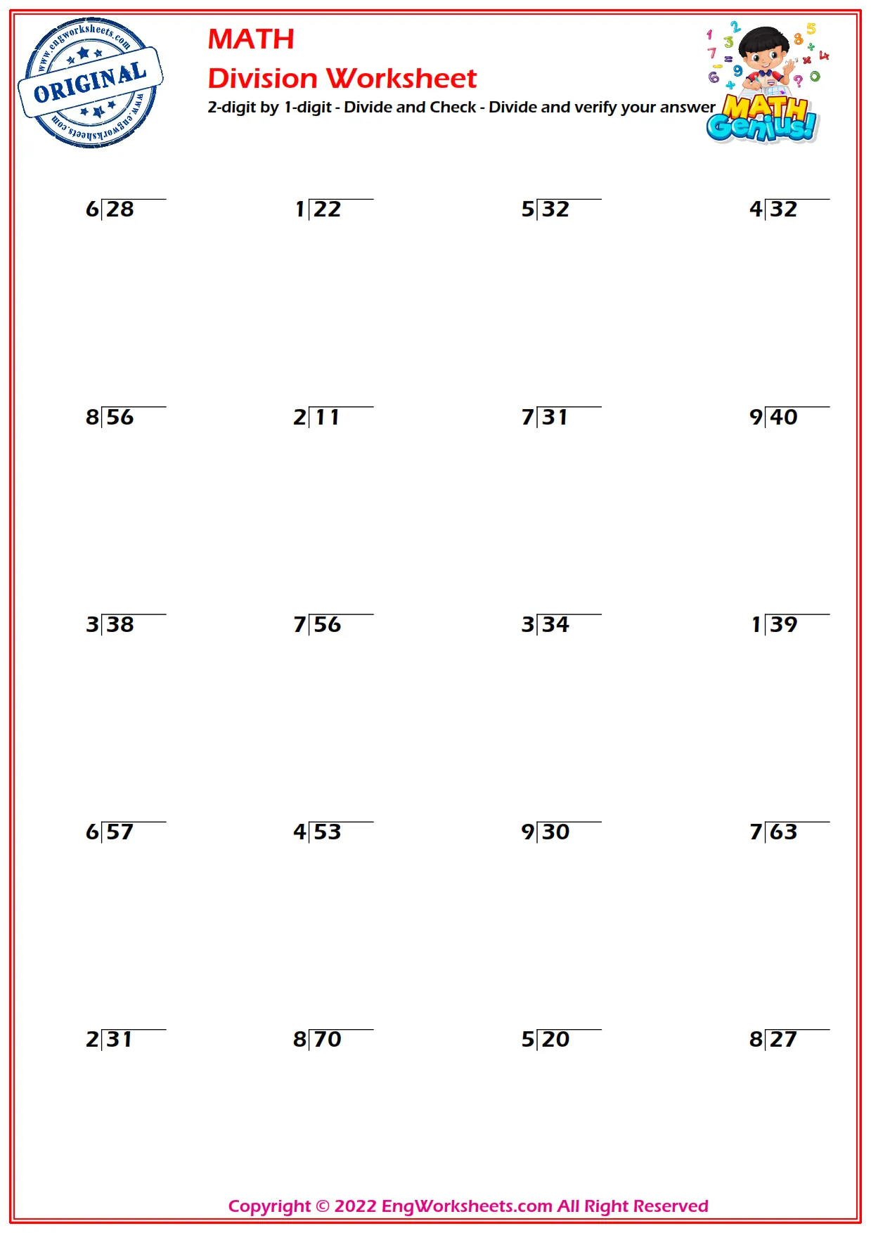2-digit by 1-digit - Divide and Check - Divide and verify your answer