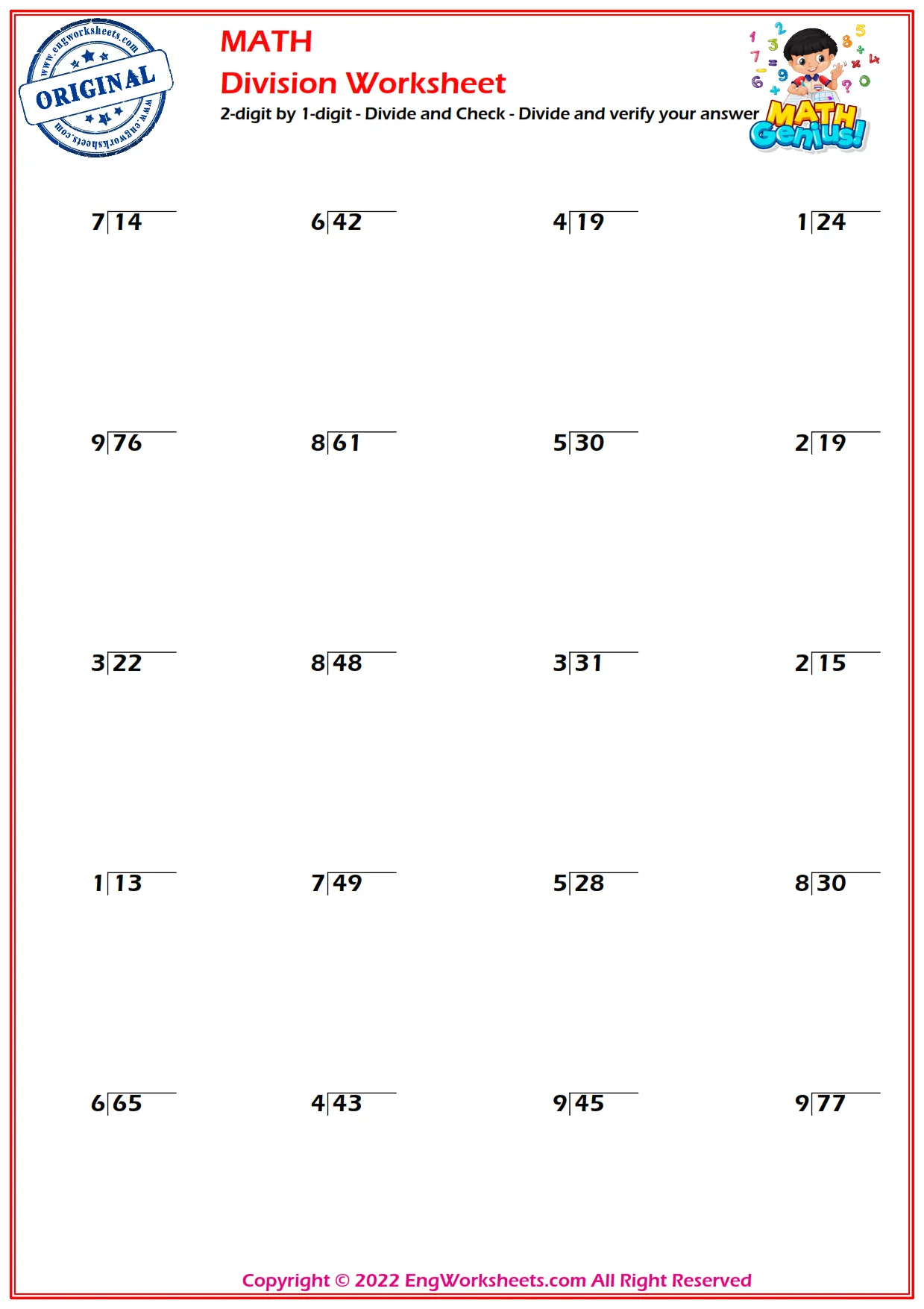 2-digit by 1-digit - Divide and Check - Divide and verify your answer