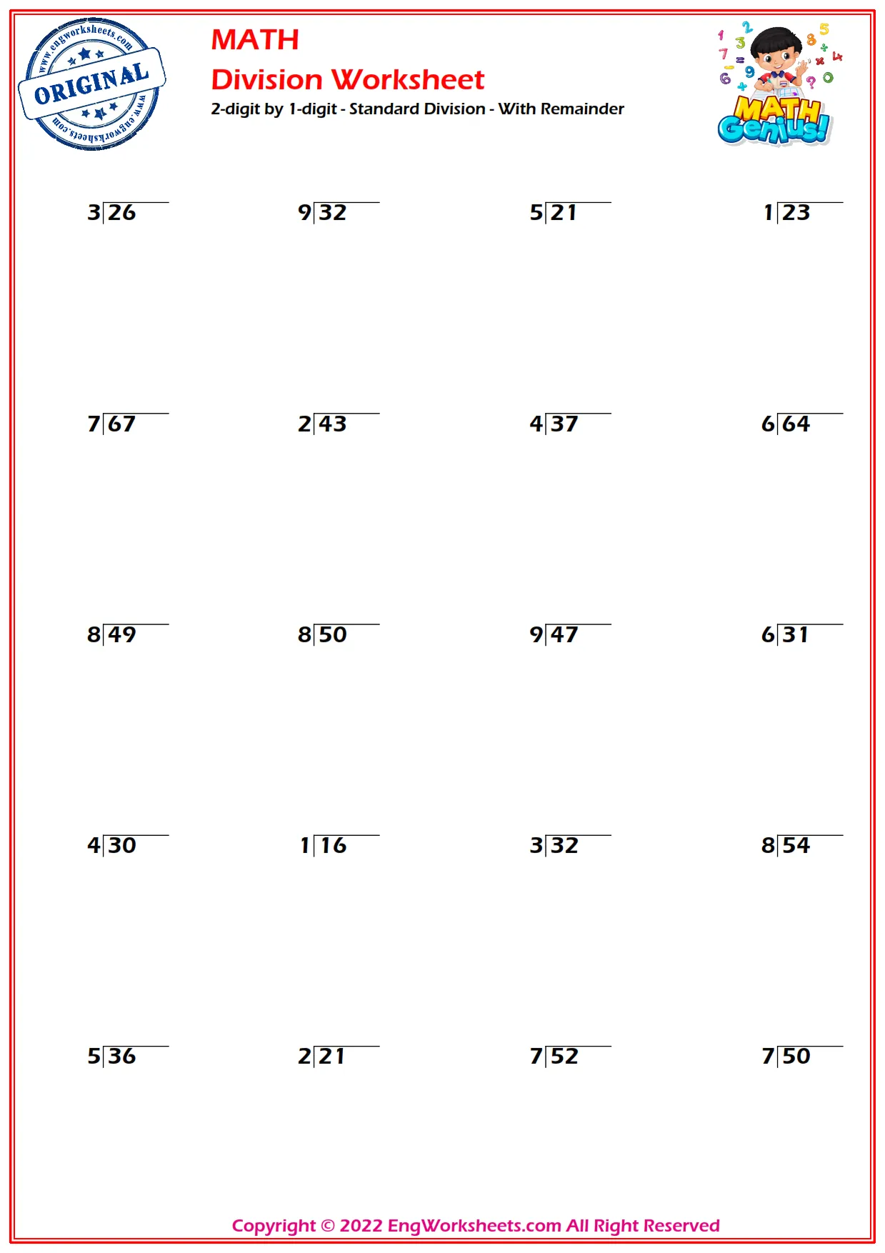 2-digit by 1-digit - Standard Division - With Remainder