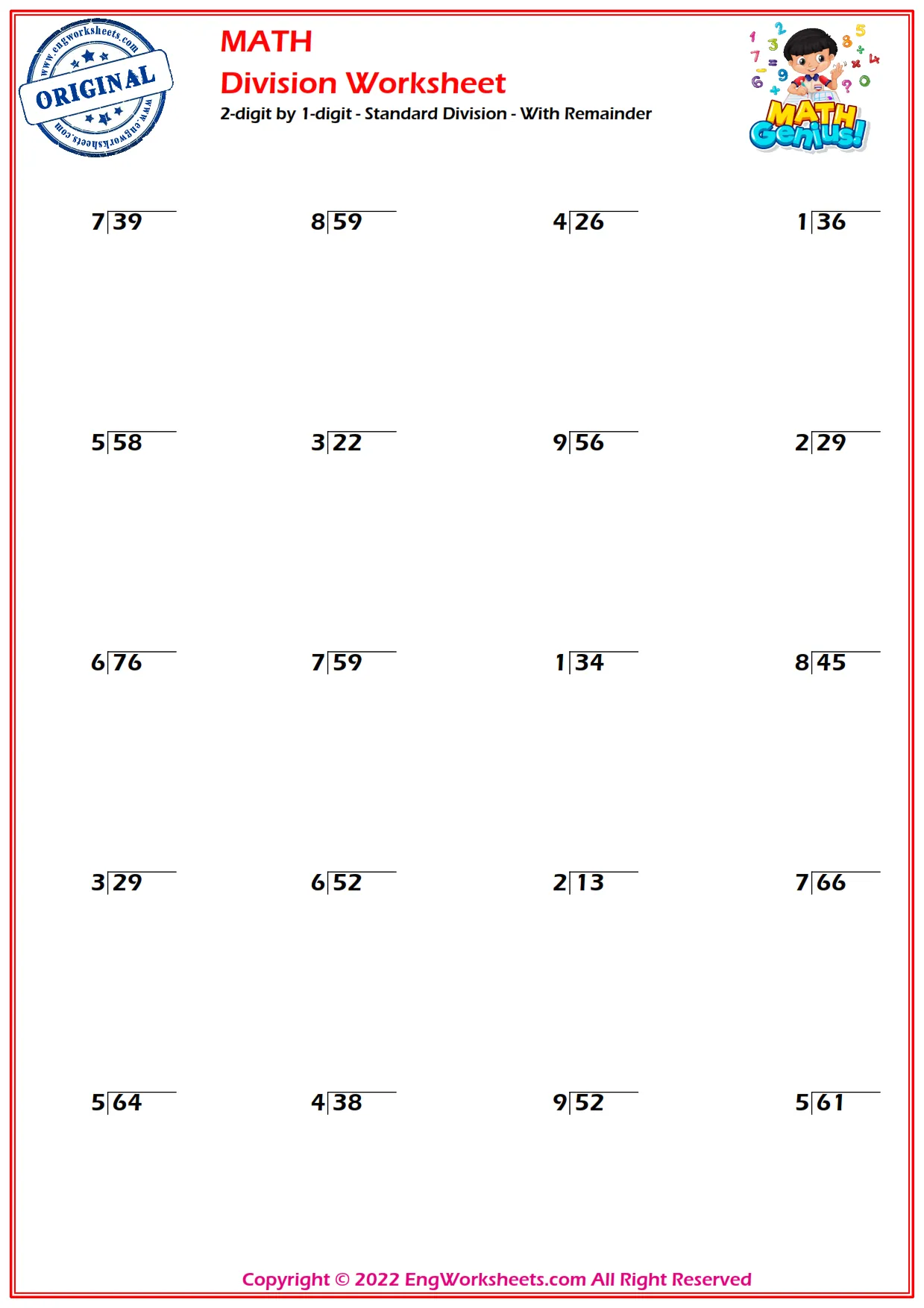 2-digit by 1-digit - Standard Division - With Remainder