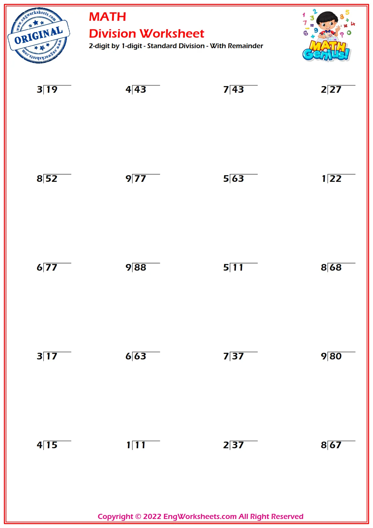 2-digit by 1-digit - Standard Division - With Remainder