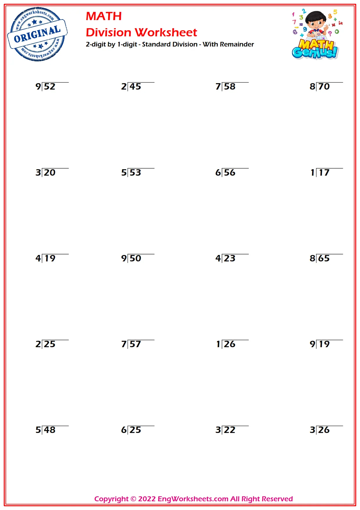 2-digit by 1-digit - Standard Division - With Remainder