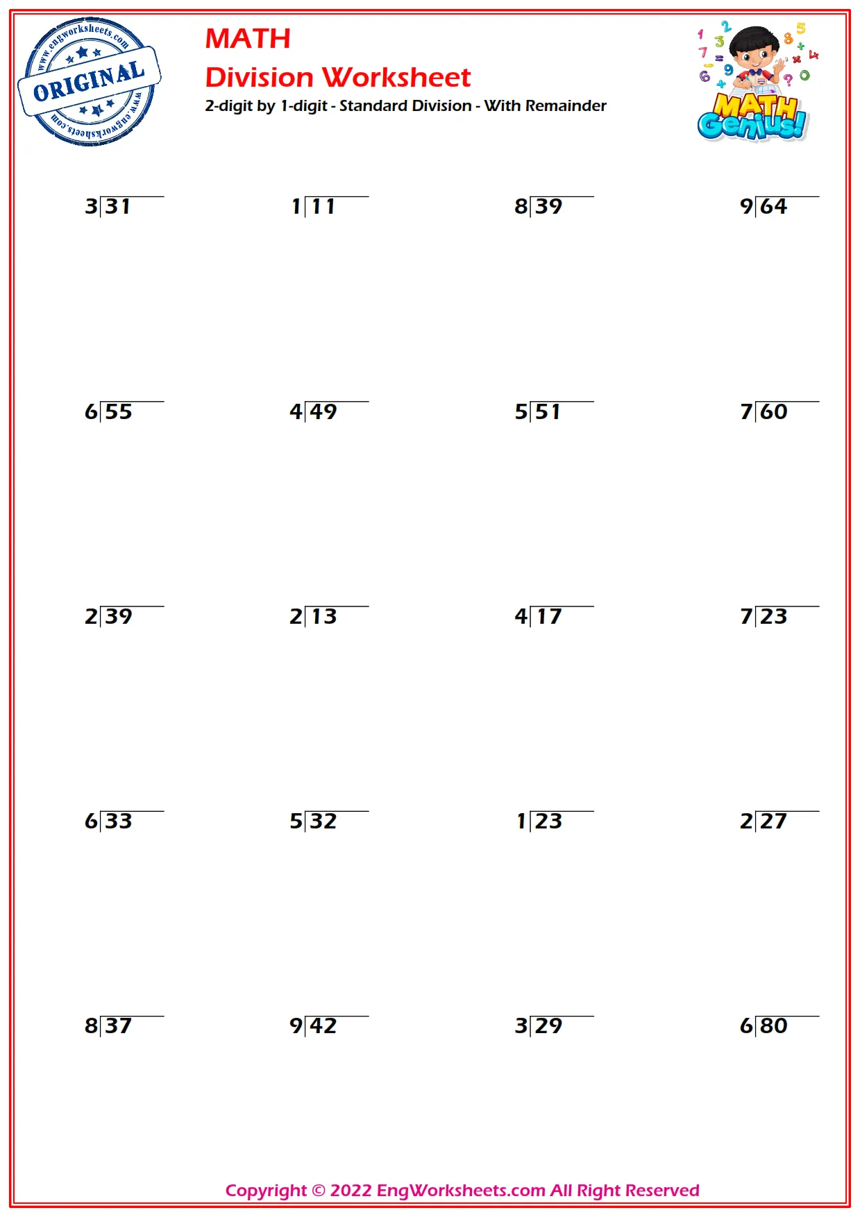 2-digit by 1-digit - Standard Division - With Remainder
