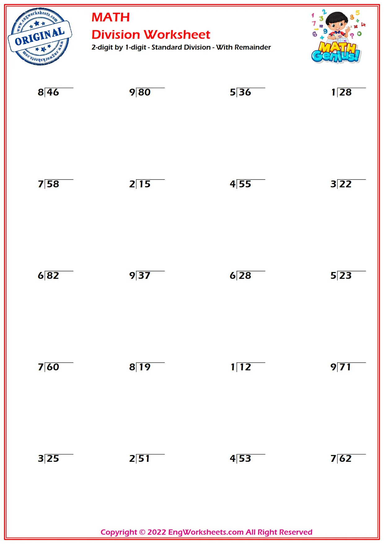 2-digit by 1-digit - Standard Division - With Remainder