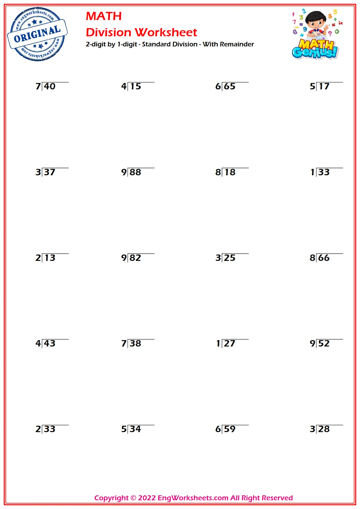 2-digit by 1-digit - Standard Division - With Remainder