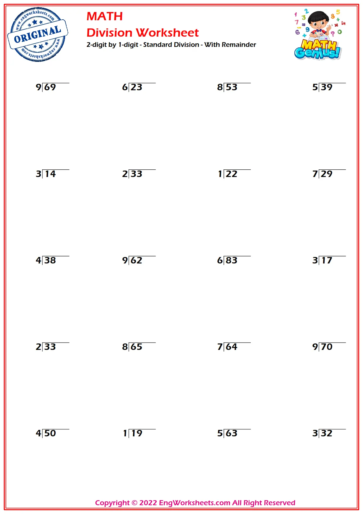 2-digit by 1-digit - Standard Division - With Remainder