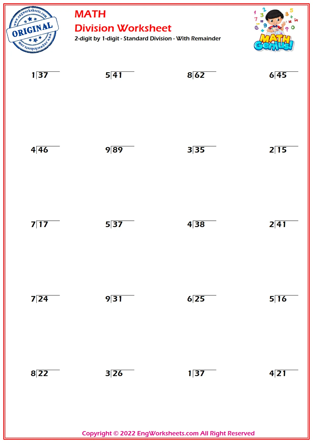 2-digit by 1-digit - Standard Division - With Remainder