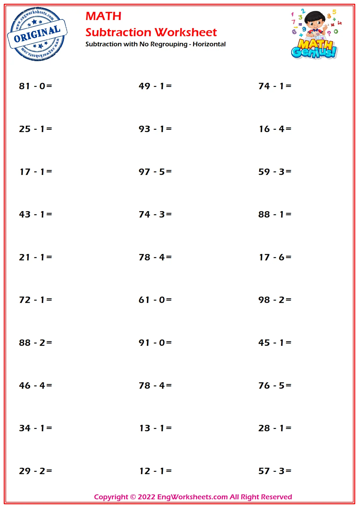 Subtraction Without Regrouping
