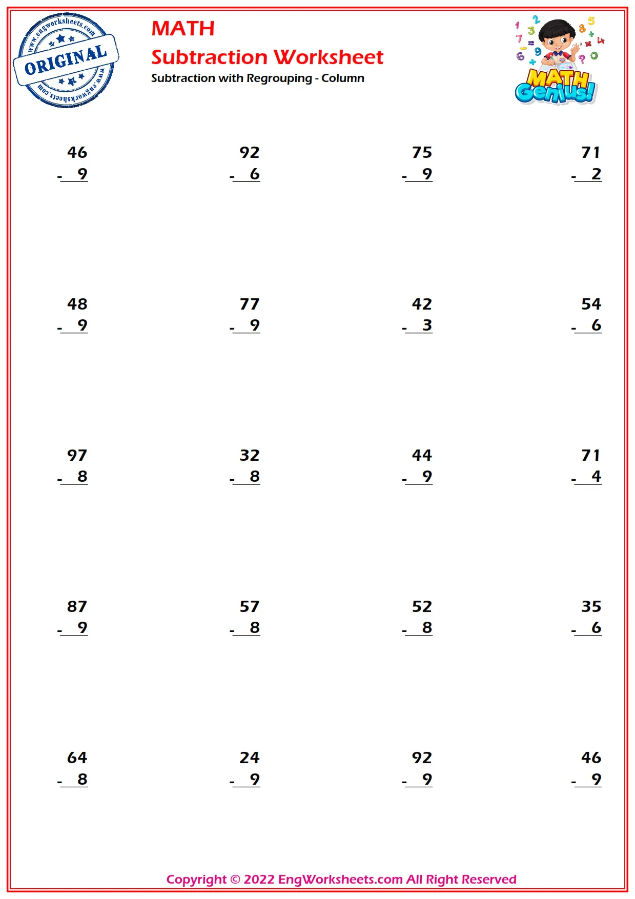 Subtraction with Regrouping - Column