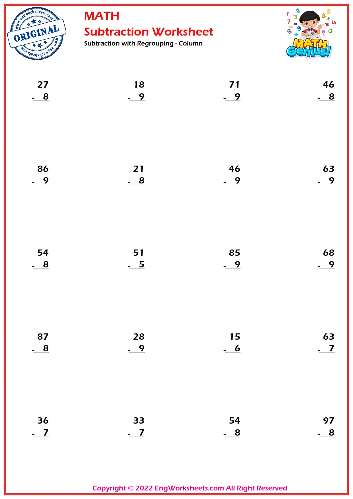 Subtraction with Regrouping - Column