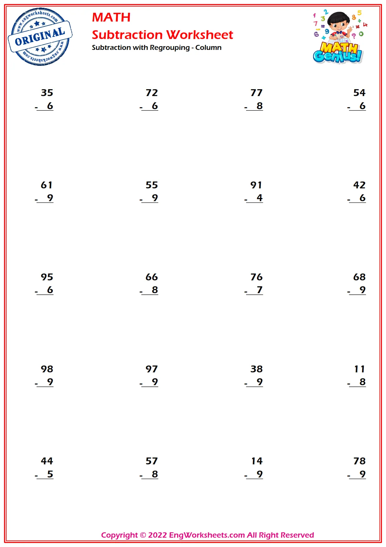 Subtraction with Regrouping - Column