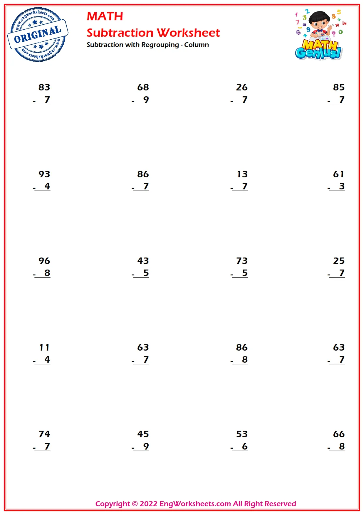 Subtraction with Regrouping - Column