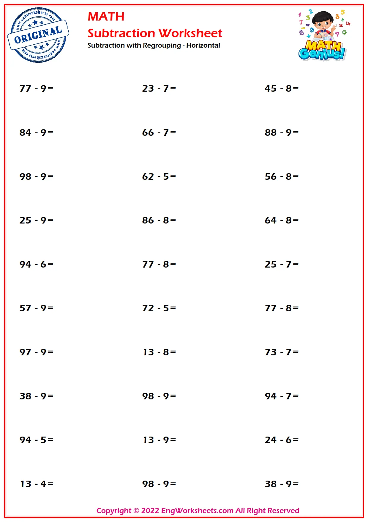 Subtraction with Regrouping - Horizontal