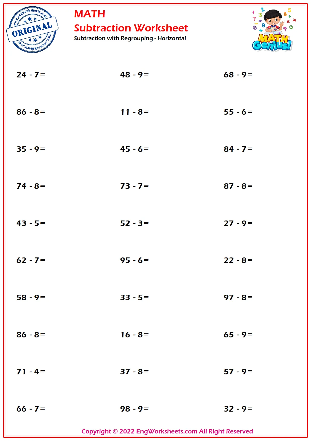 2 Digits minus 1 Digit Subtraction