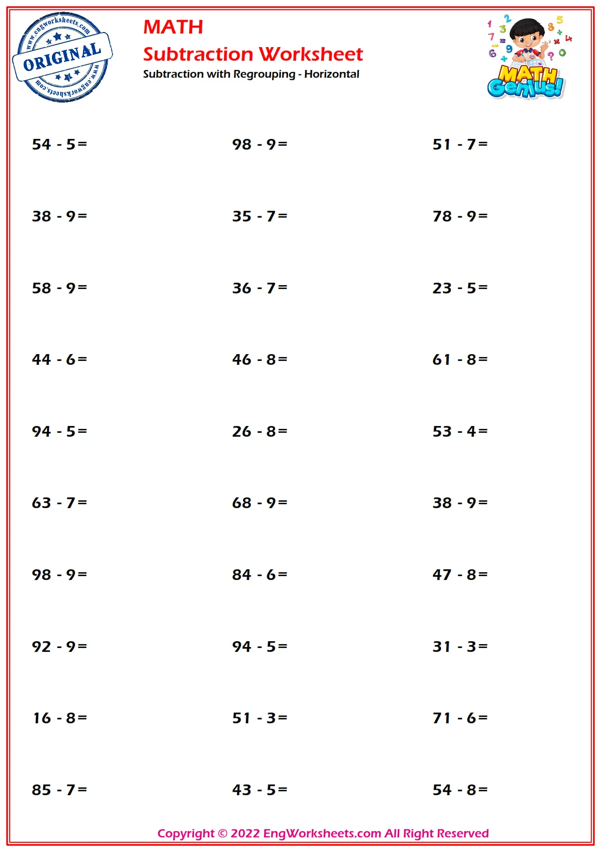 Subtraction with Regrouping - Horizontal